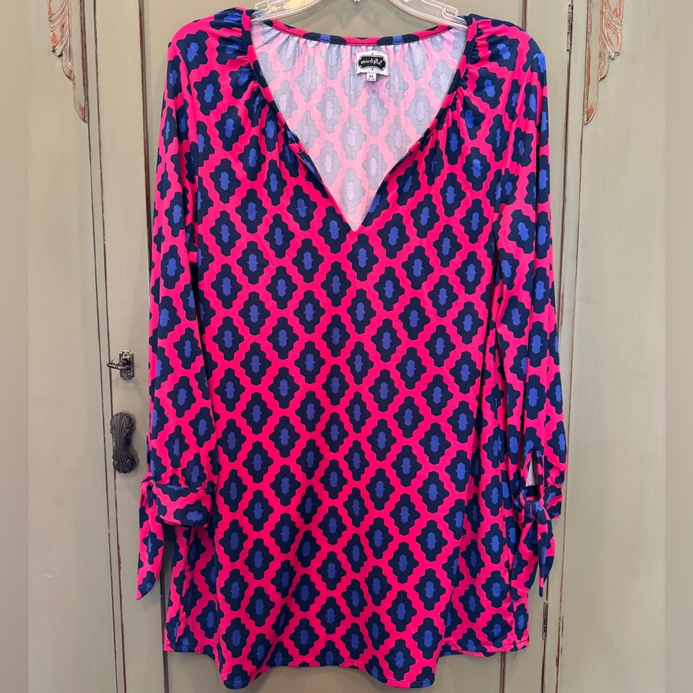Mud Pie Vibrant Pink and Navy Geometric Blouse